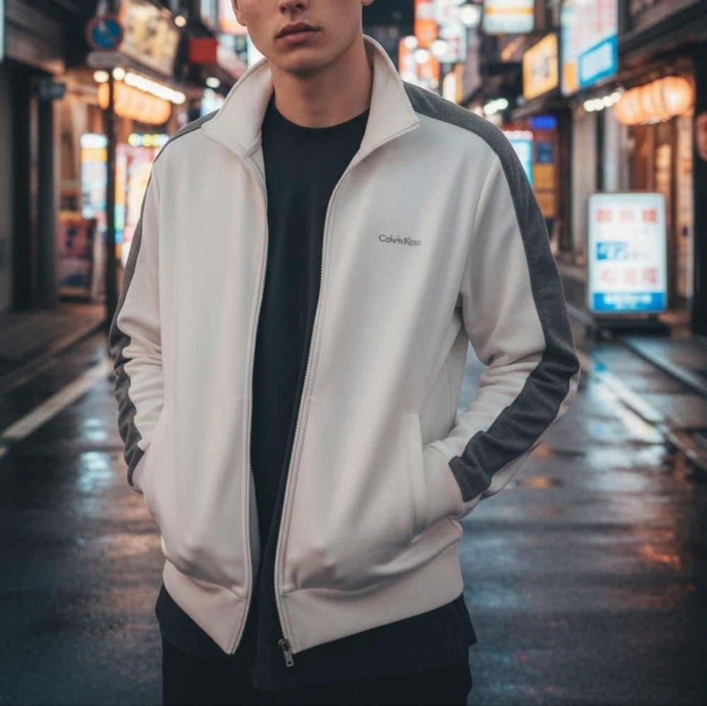 Calvin Klein Men's White Jacket with Gray Stripes
